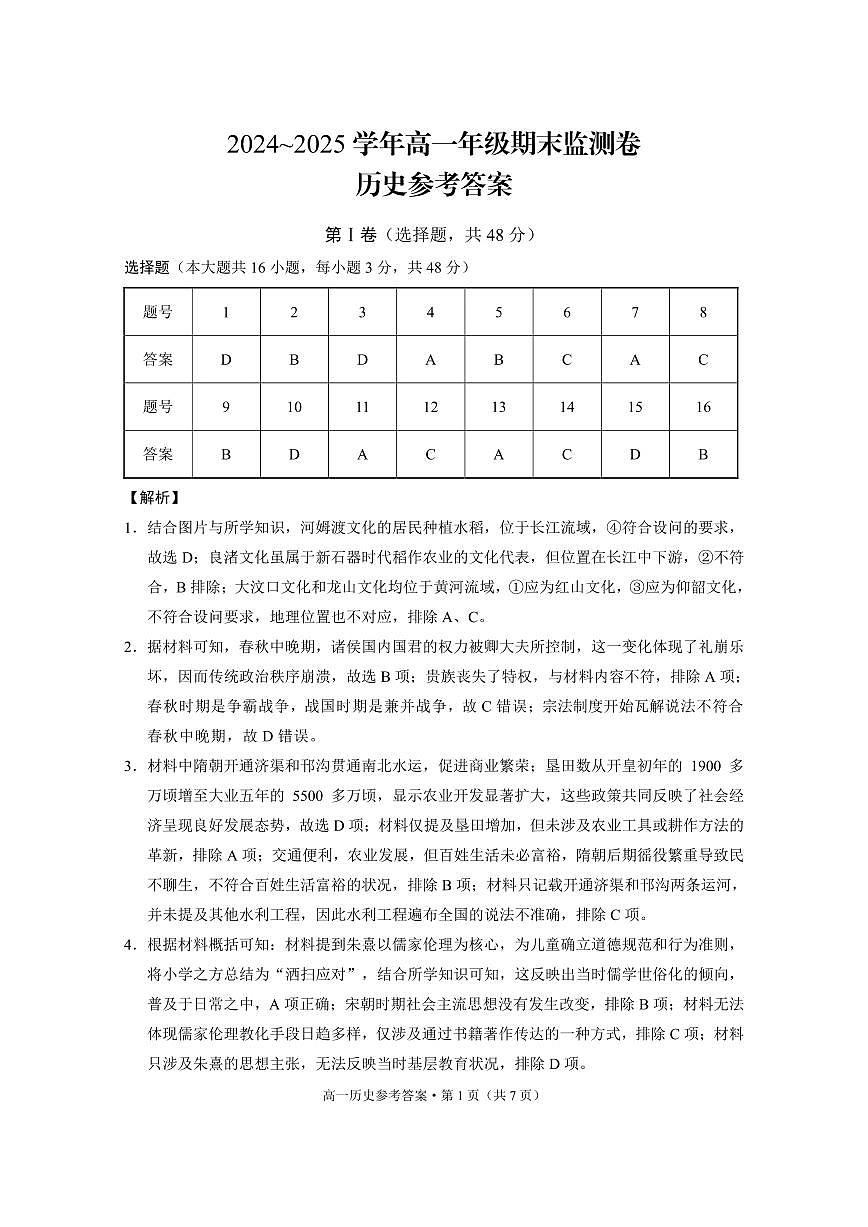 2024~2025学年高一年级期末监测卷历史-答案第1页