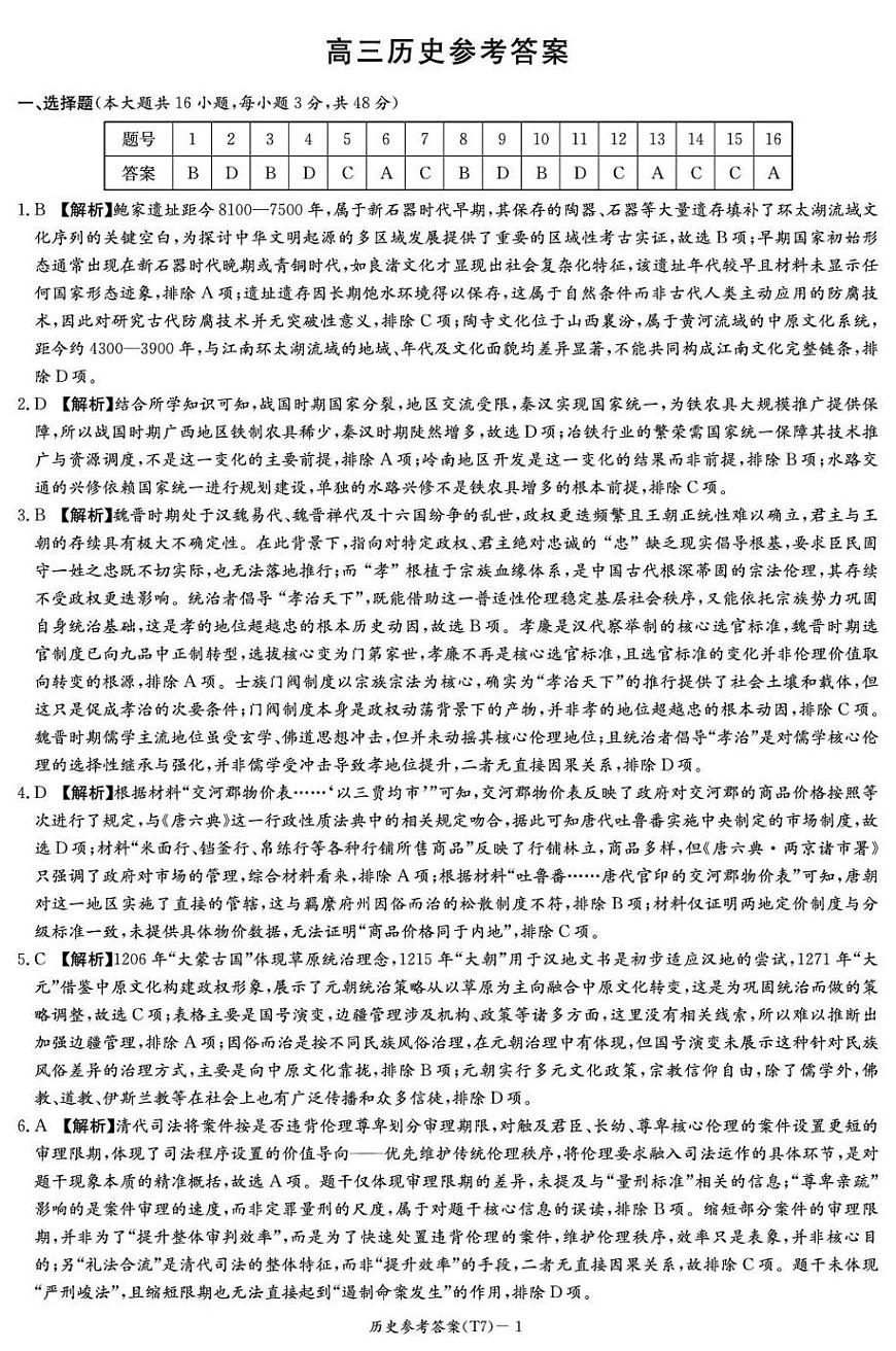 湖南师大附中2026届高三月考试卷(七)历史答案第1页