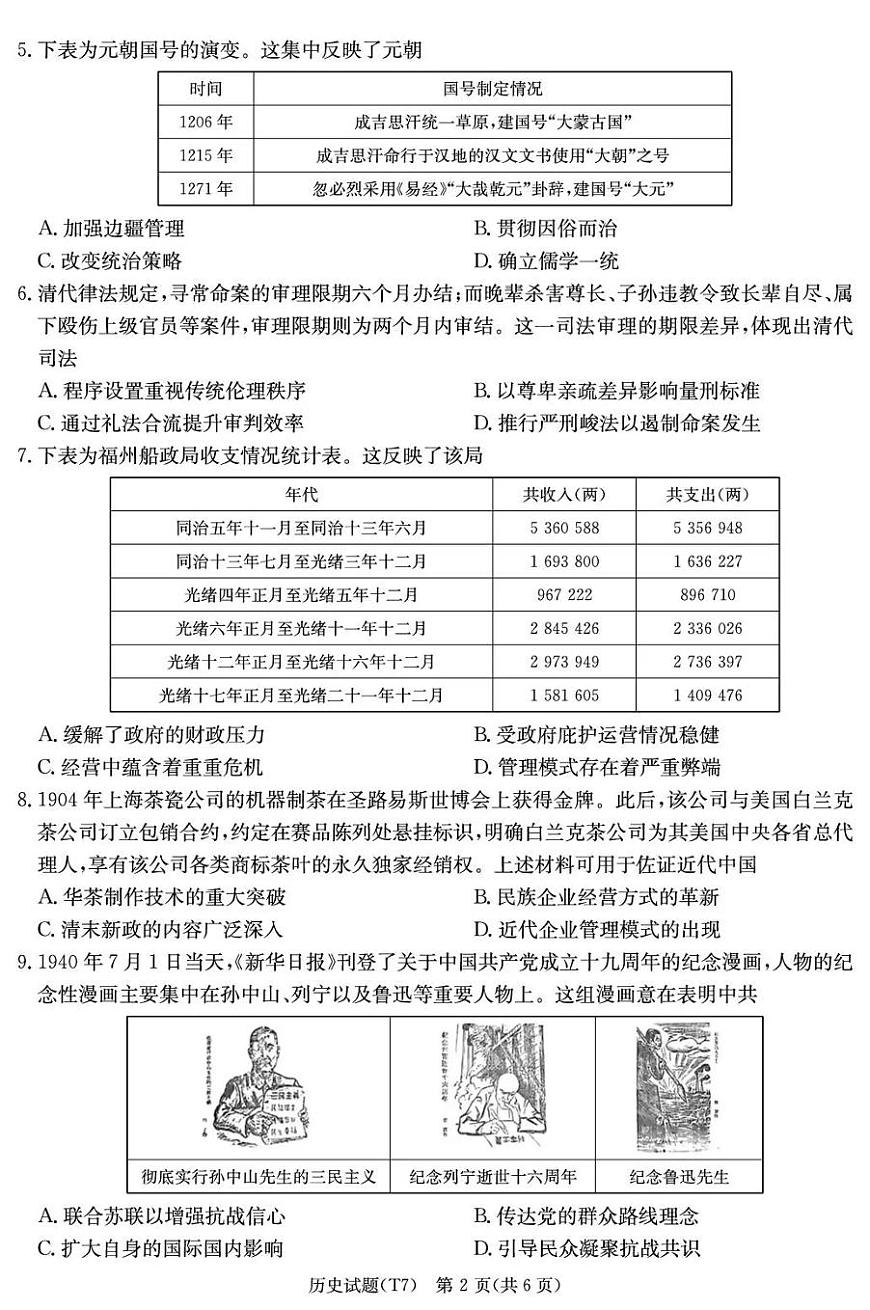 湖南师大附中2026届高三月考试卷(七)历史第2页