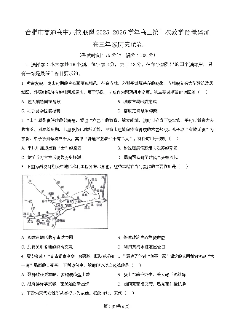 合肥市普通高中六校联盟2025-2026学年高三上学期第一次历史教学质量监测 Word版无答案第1页