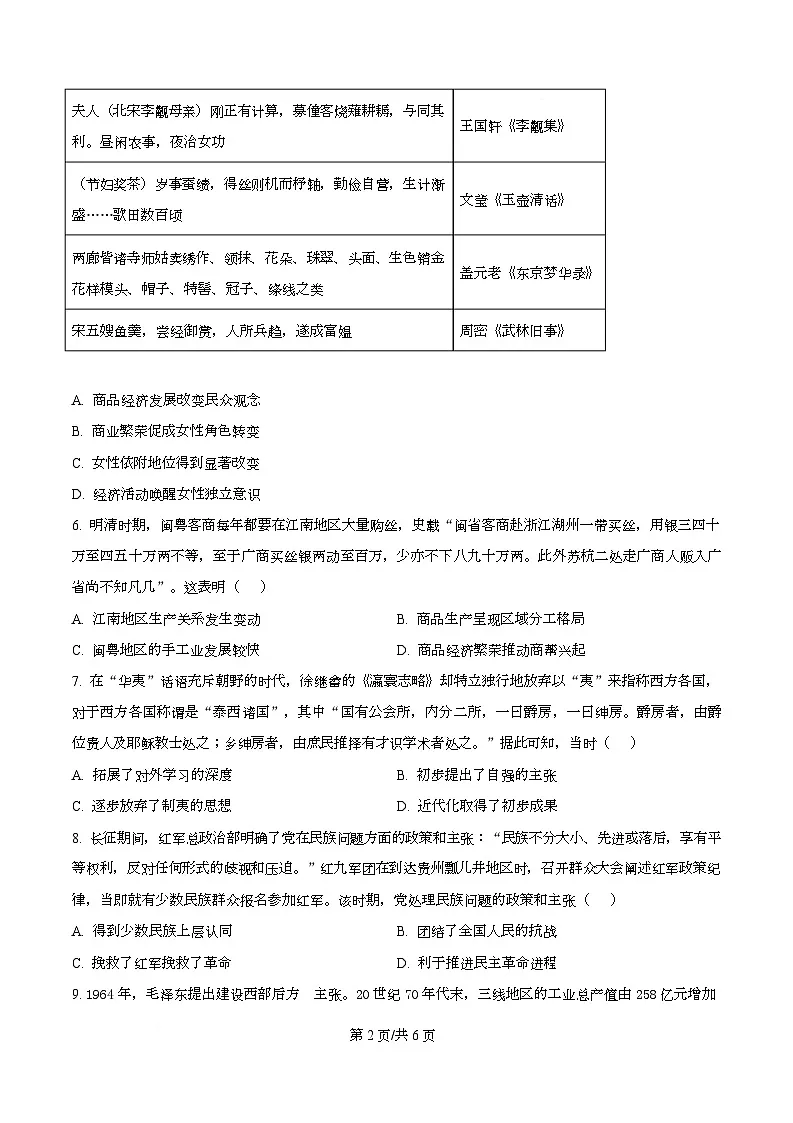 合肥市普通高中六校联盟2025-2026学年高三上学期第一次历史教学质量监测 Word版无答案第2页