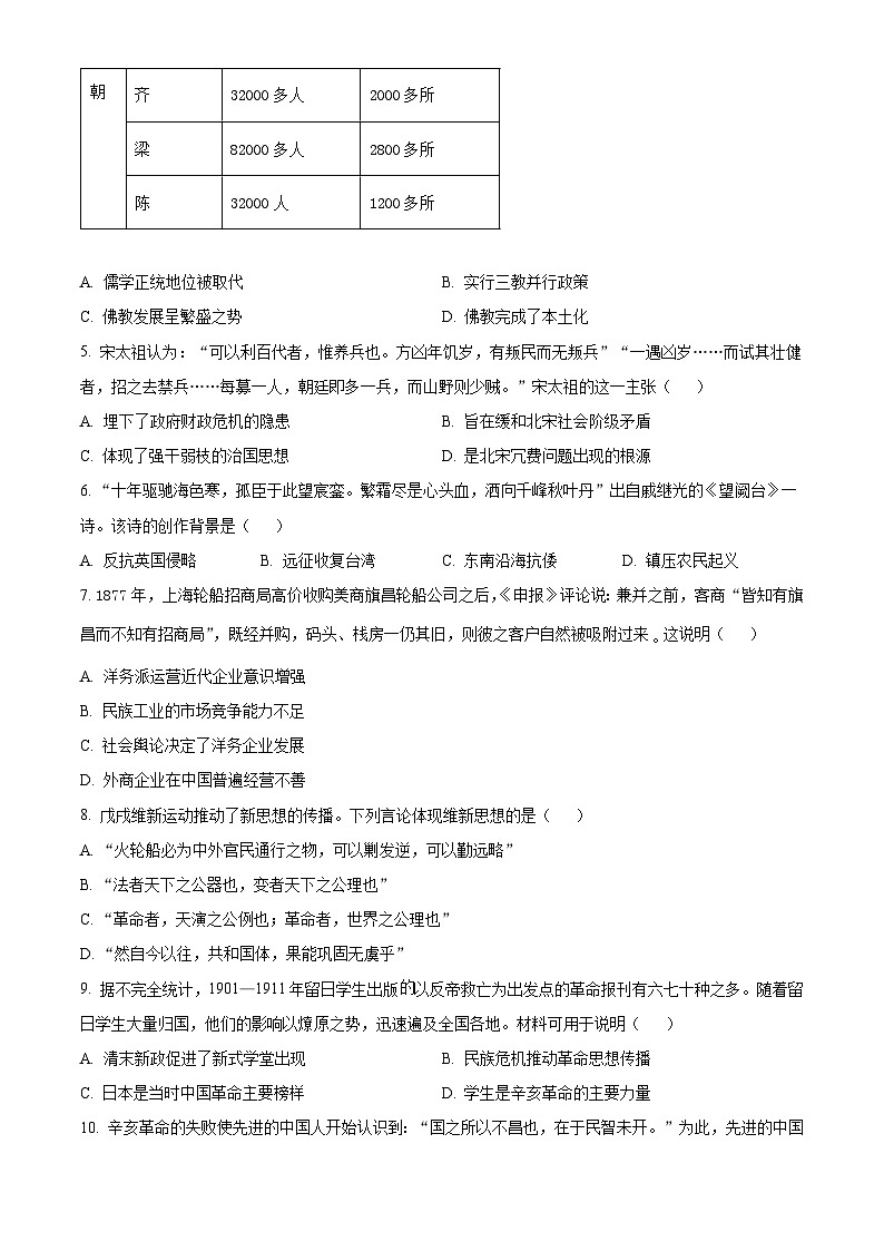安徽芜湖市安徽师范大学附属中学2025-2026学年高一第一学期期末教学质量监控历史试题(原卷版)第2页