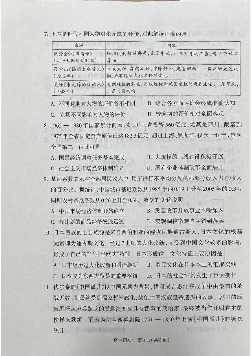 山西省吕梁市2024-2025学年高三上学期期末考试历史试题第3页