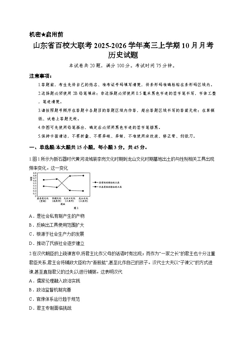山东省百校大联考2025-2026学年高三上学期10月月考历史试题第1页