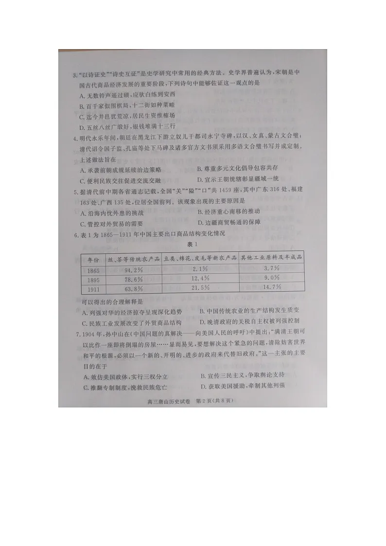 唐山市 2026 年普通高中学业水平选择性考试第一次模拟演练历史第2页