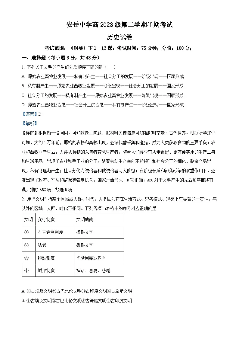 四川省资阳市安岳中学2023-2024学年高一第二学期期中考试历史试题 Word版含解析第1页