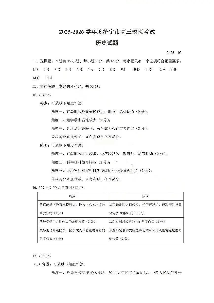 济宁市2026届高三年级一模考试 历史答案第1页