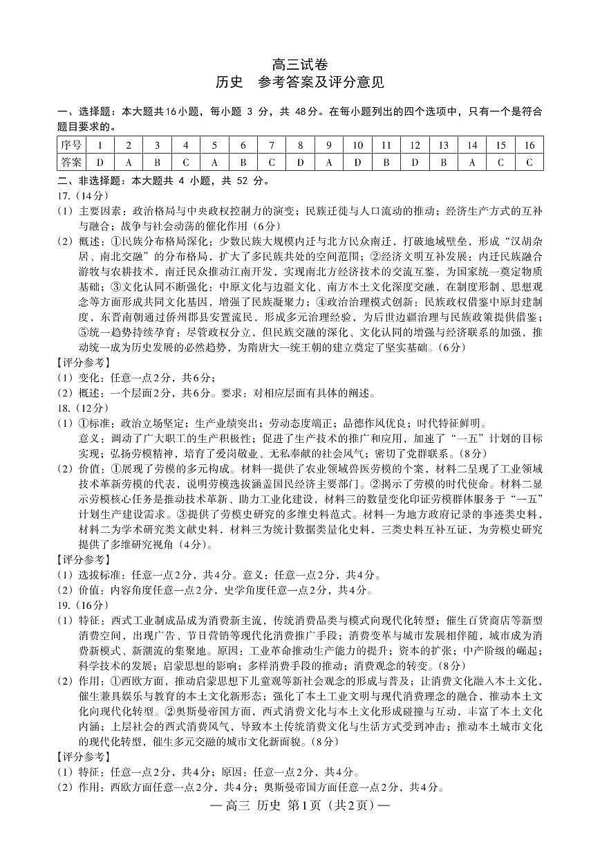 南昌市2025-2026学年高三下学期一模测试 历史答案第1页