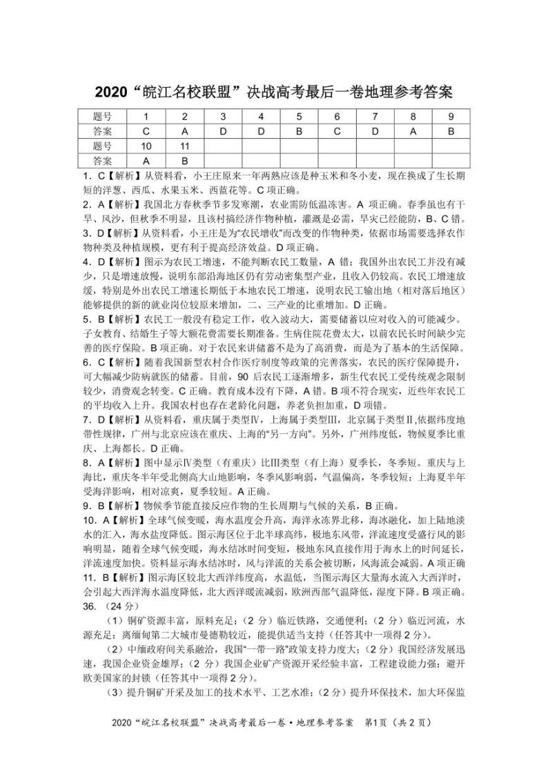 “皖江名校”2020届高三决战高考最后一卷 文综 PDF版含答案01