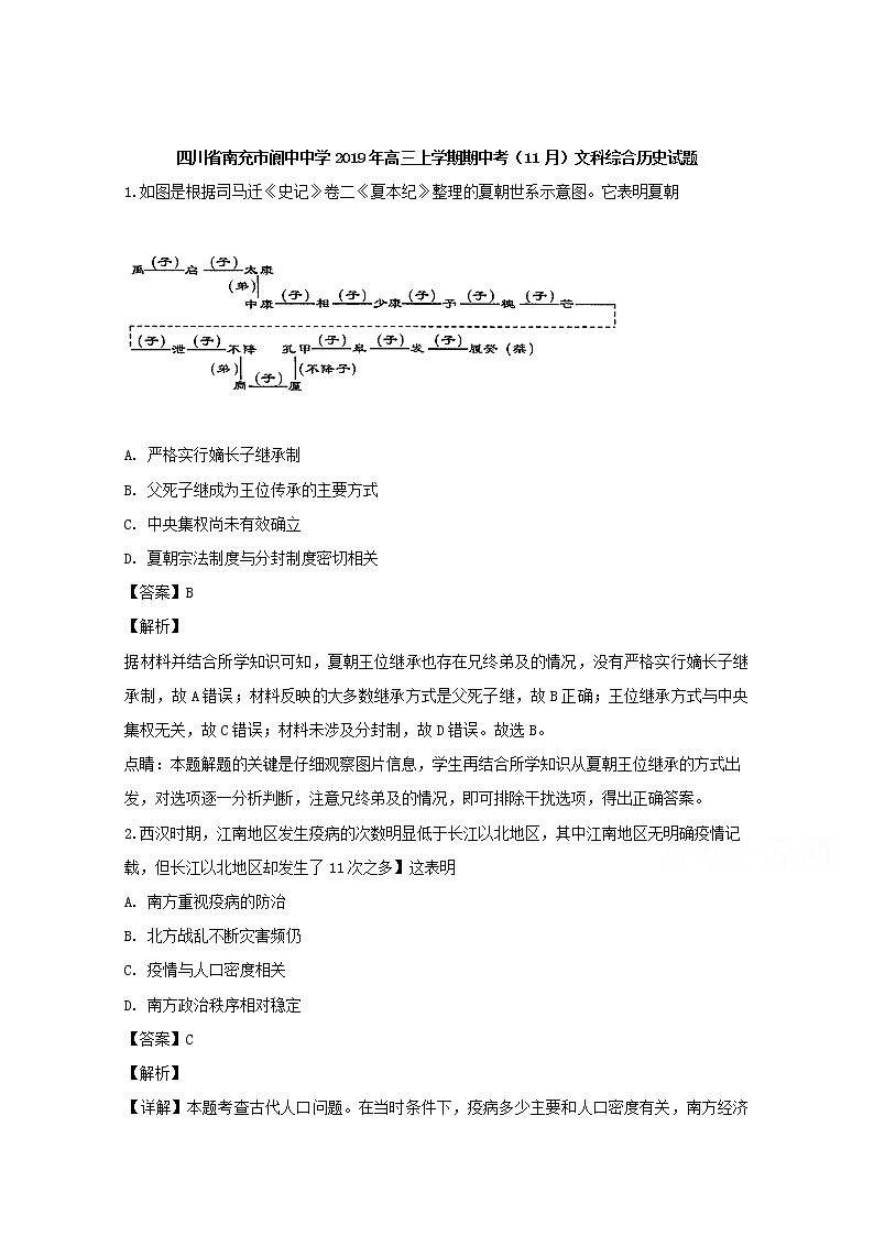 四川省南充市阆中中学2020届高三上学期期中考试(11月)文科综合历史试题01