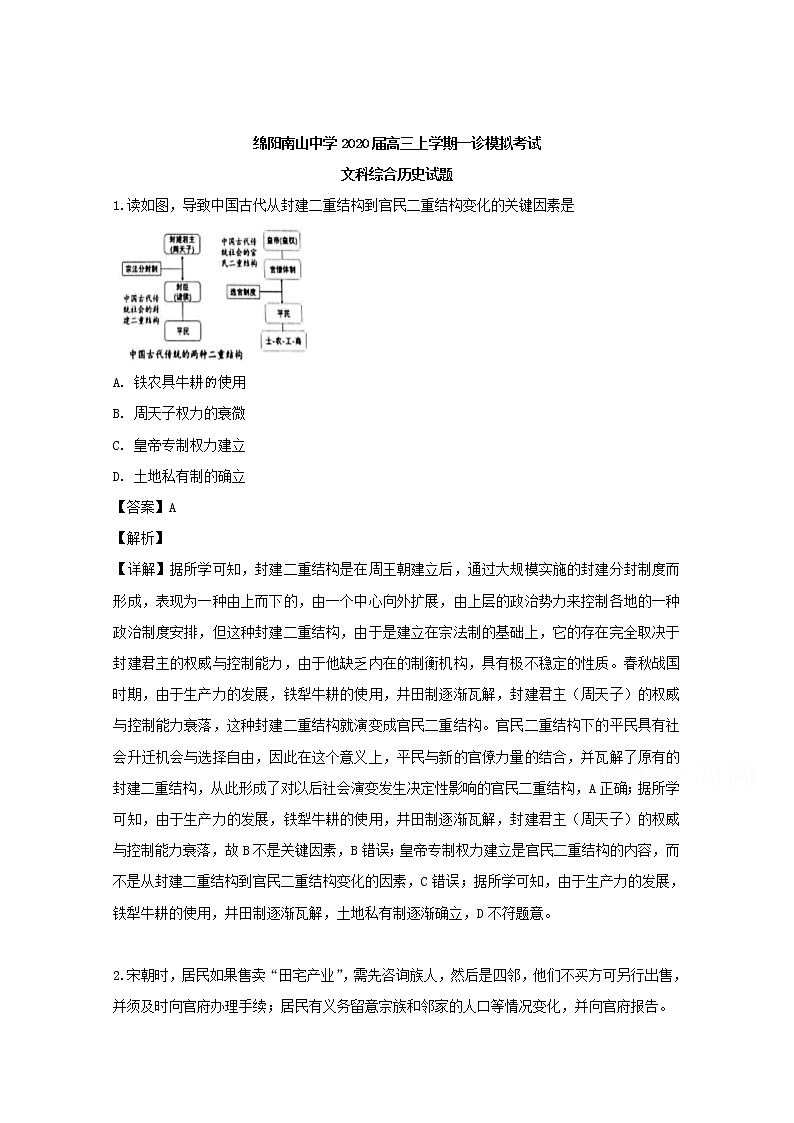 四川省绵阳市南山中学2020届高三上学期一诊模拟考试历史试题01