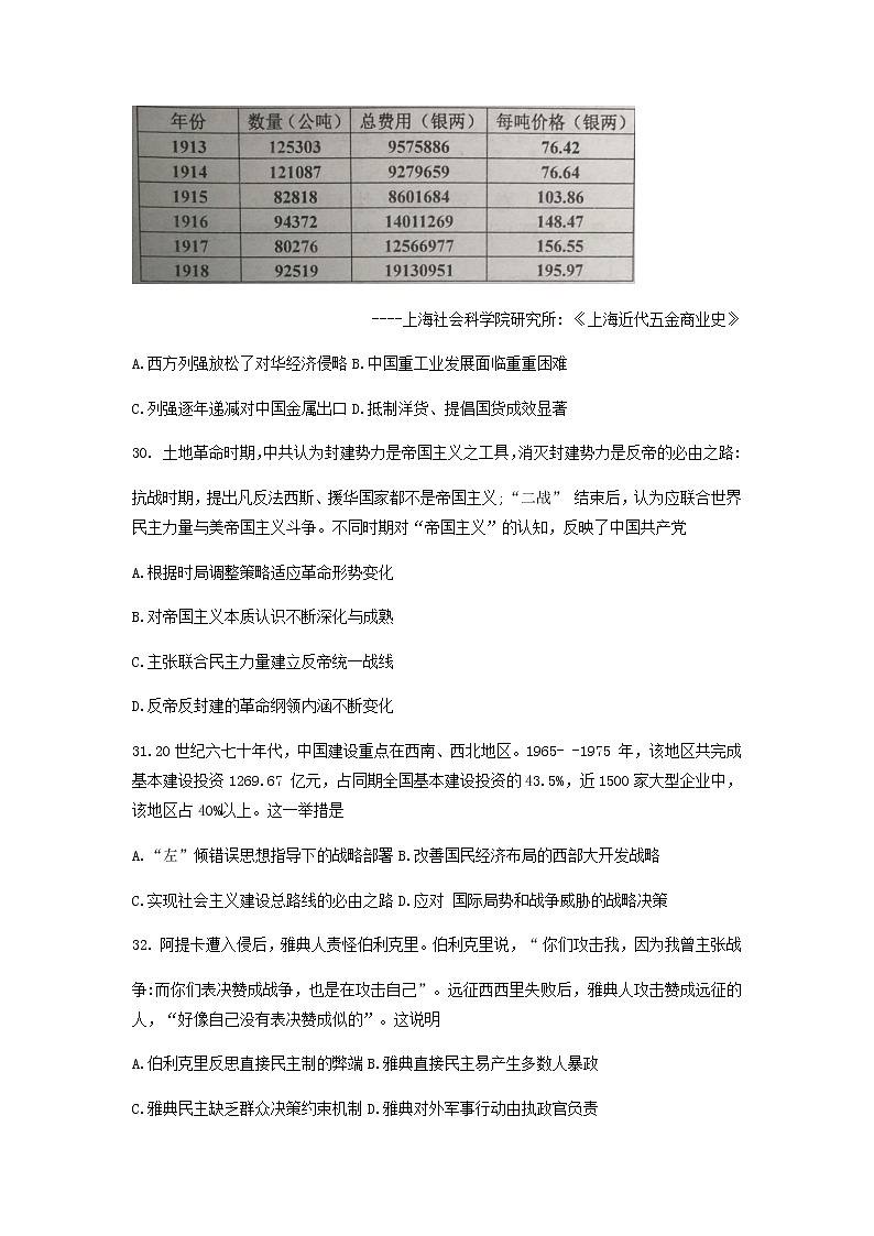 重庆市渝中区九龙坡区等主城区2020届高三学业质量调研抽测()历史试题03