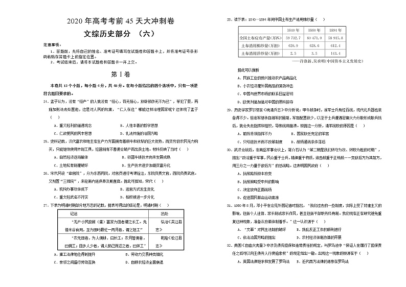 2020年高考考前45天大冲刺卷文综历史部分六01