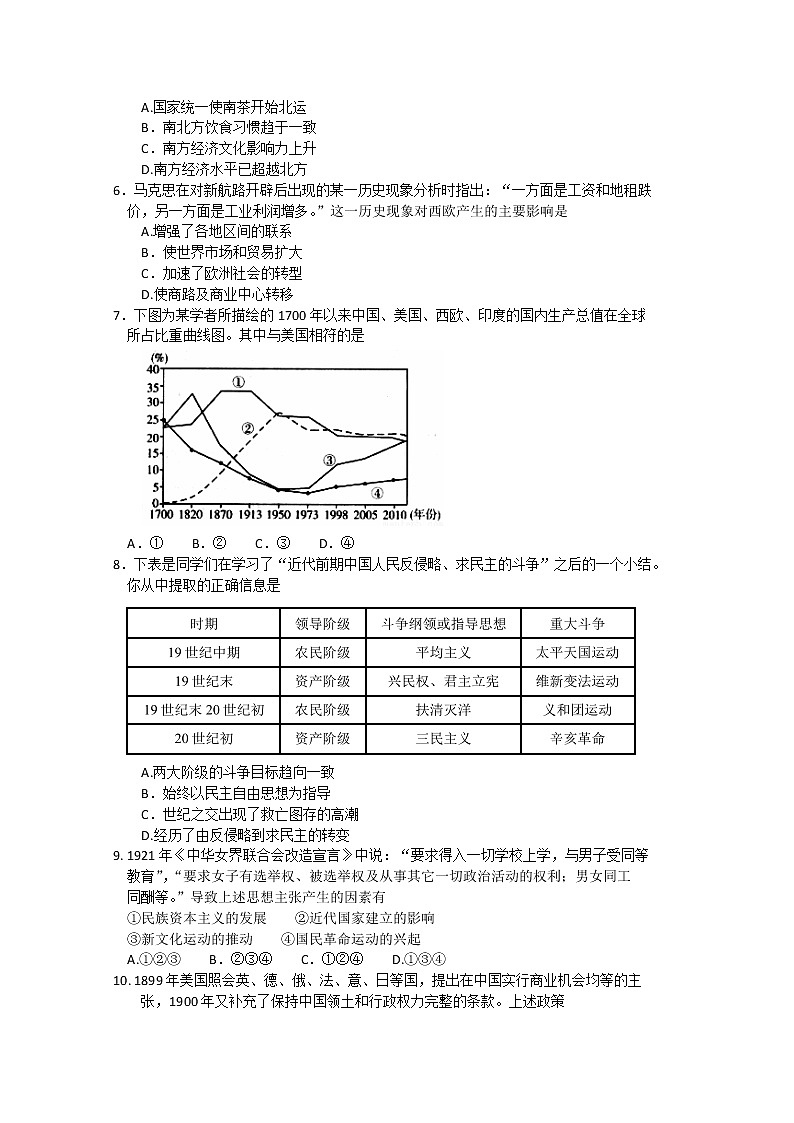 天津市和平区2020届高三下学期线上学习阶段性评估检测历史试题02
