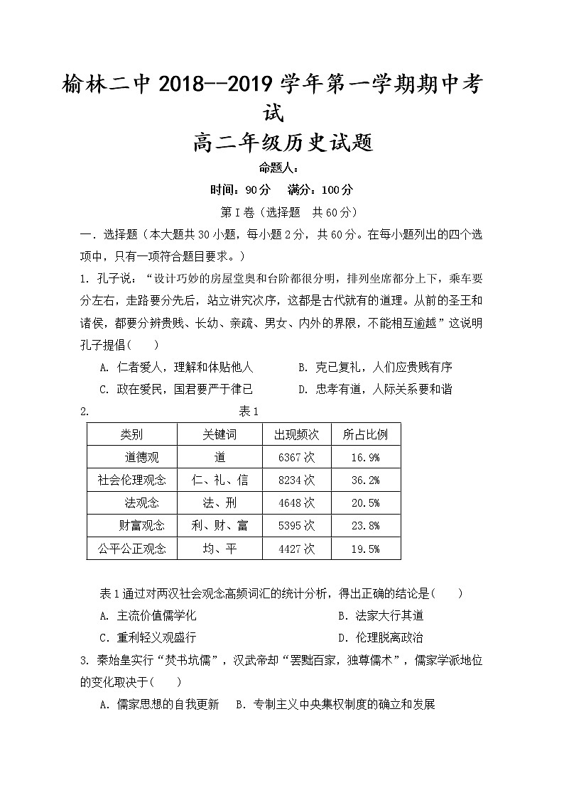 2018-2019学年陕西省榆林市第二中学高二上学期期中考试历史试题 Word版01
