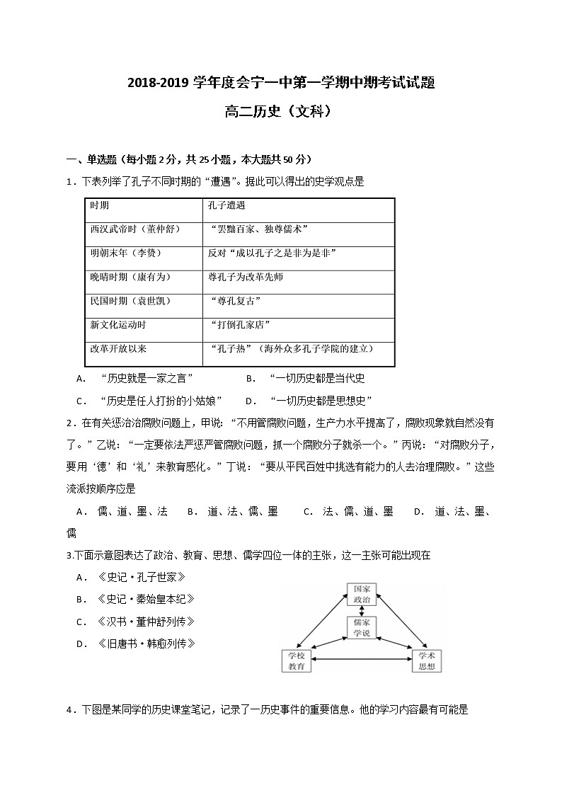 2018-2019学年甘肃省会宁县第一中学高二上学期期中考试历史(文)试题(Word版)01