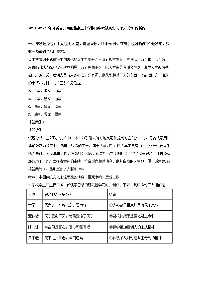 2018-2019学年江苏省江阴四校高二上学期期中考试历史(理)试题 解析版01