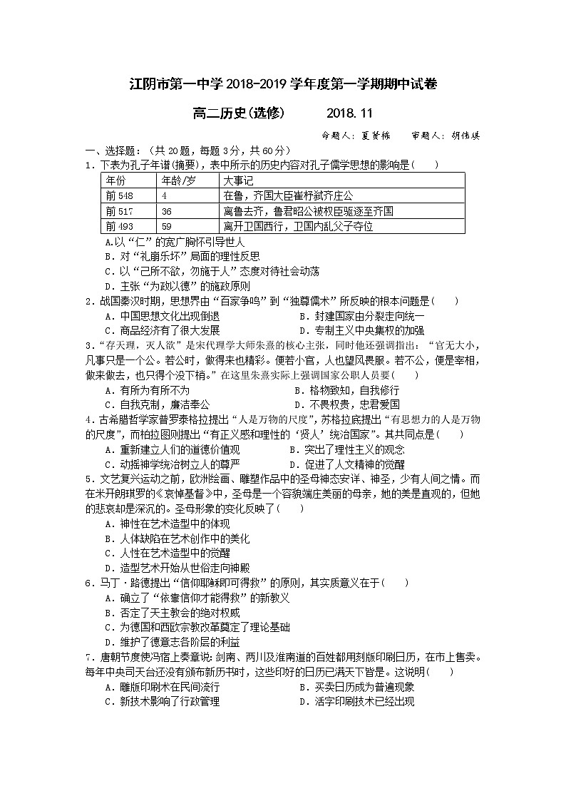 2018-2019学年江苏省江阴一中高二上学期期中考试历史(选修)试题(Word版)01