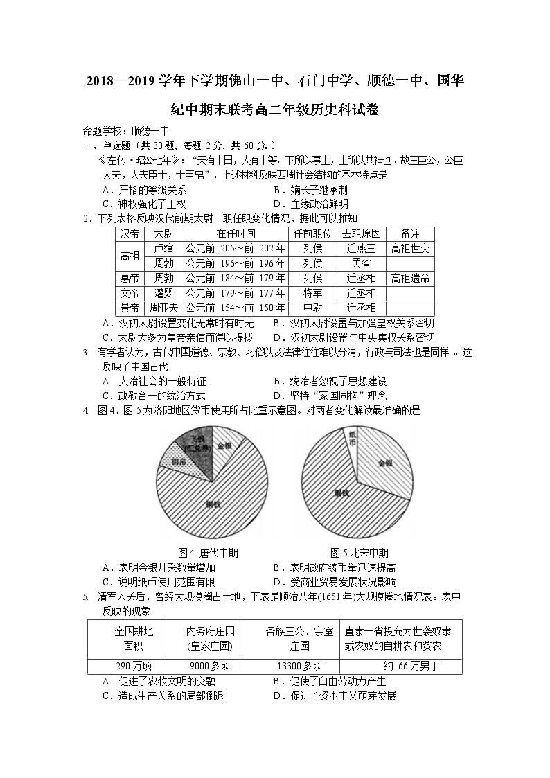 2018-2019学年广东省佛山一中、石门中学、顺德一中、国华纪中高二下学期期末四校联考试题 历史 Word版01