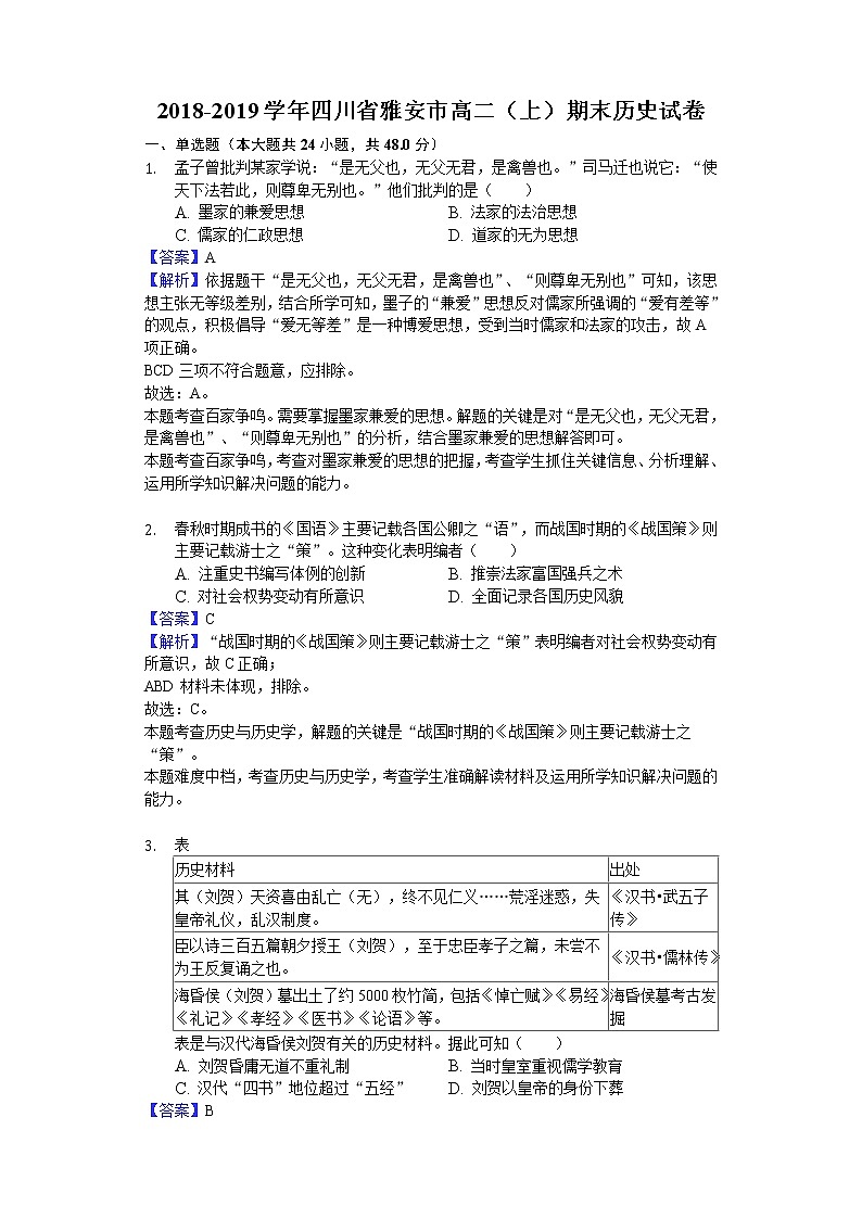 2018-2019学年四川省雅安市高二上学期期末历史试题(解析版)01