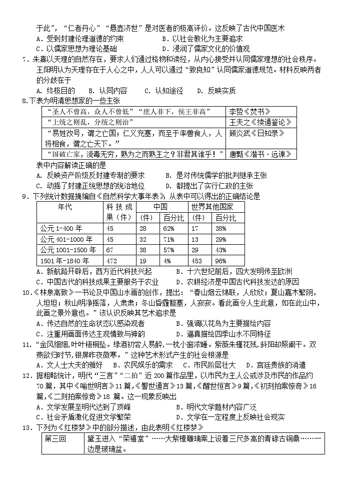 2019-2020学年四川省成都外国语学校高二上学期期中考试 历史 Word版02