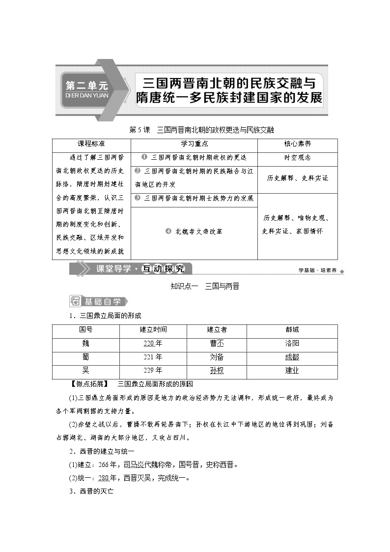 （新）统编版历史必修上册教学讲义：第5课　三国两晋南北朝的政权更迭与民族交融01