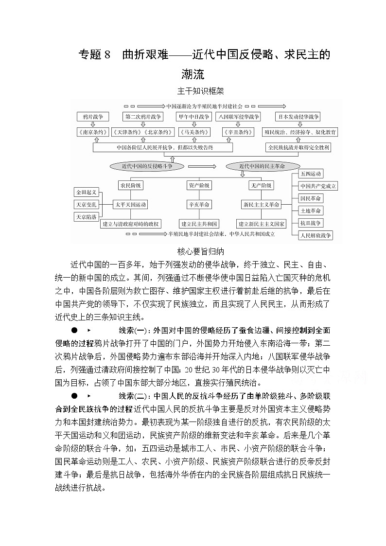 2020历史专题版大二轮专题复习冲刺教师用书习题检测:专题8曲折艰难——近代中国反侵略、求民主的潮流第1页