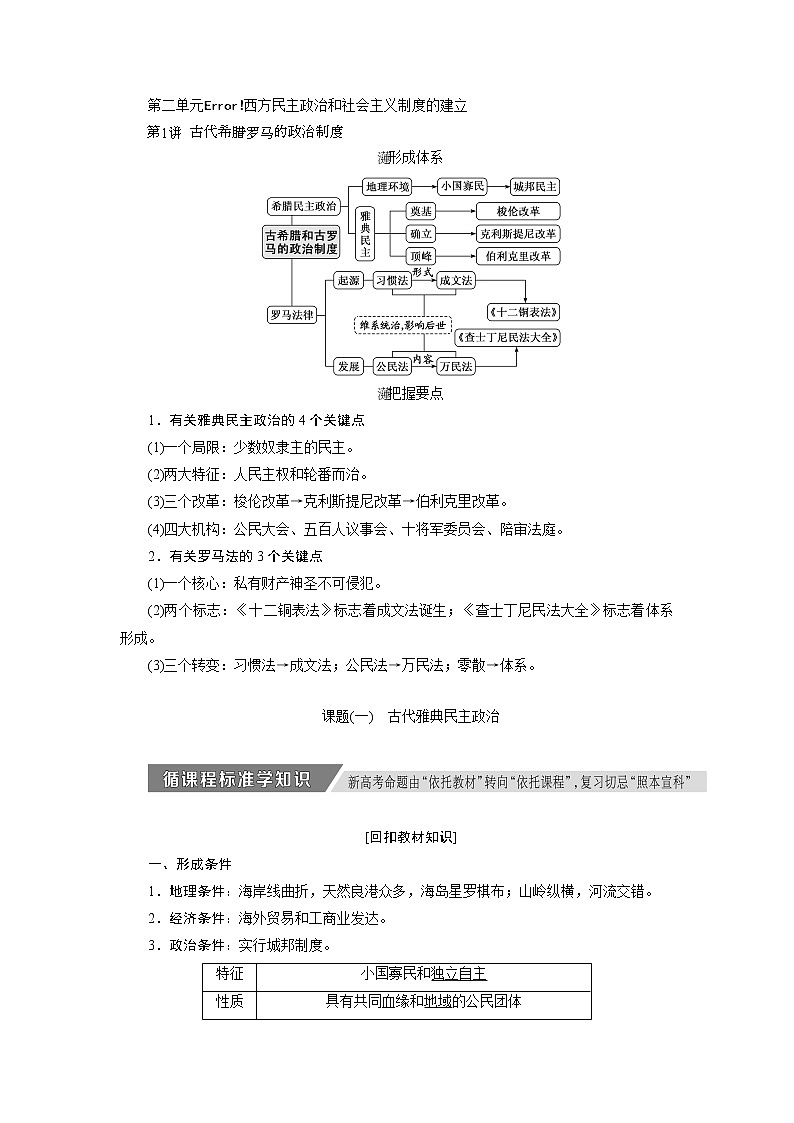 2020版高考历史新创新一轮复习岳麓版讲义:必修一第二单元第1讲 古代希腊罗马的政治制度01