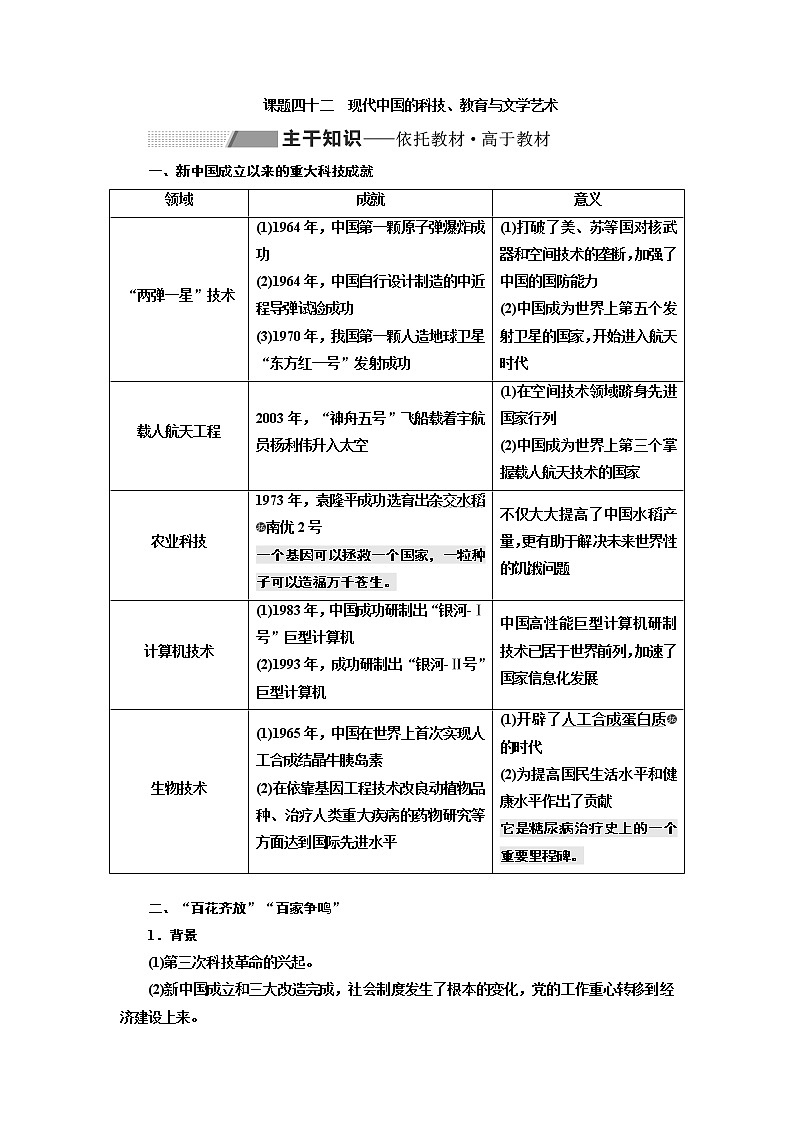 2020版高考一轮复习历史专题复习模式人教版学案:第十四单元课题四十二 现代中国的科技、教育与文学艺术01