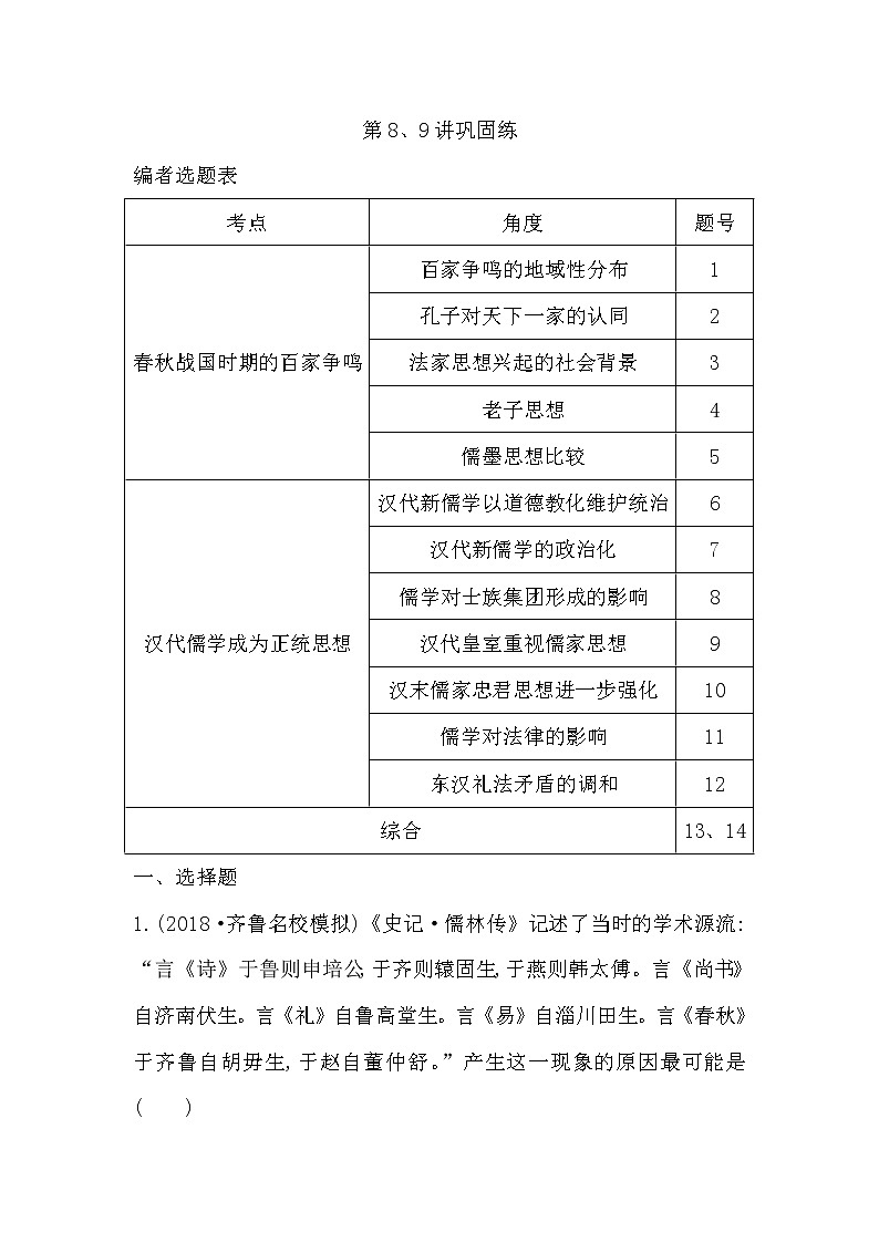 2020版高考历史一轮通史复习试题:第8、9讲巩固练(含解析)第1页