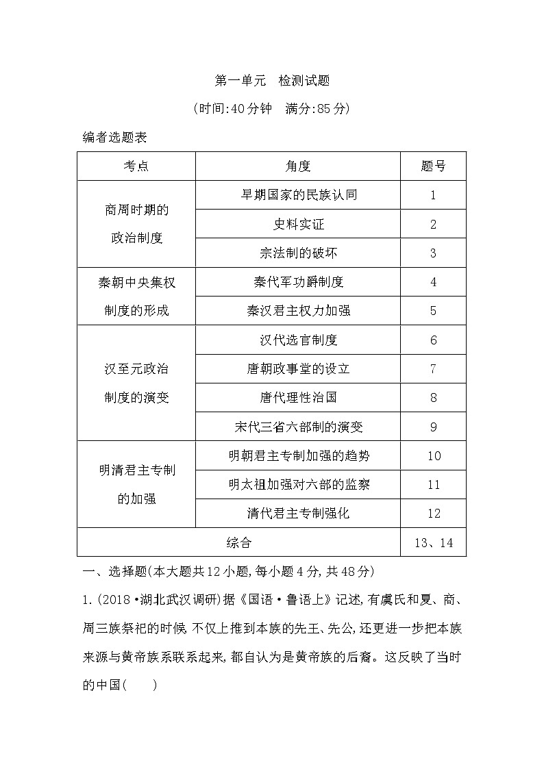 2020版高考历史一轮通史复习试题:第一单元 古代中国的政治制度 检测:试题(含解析)01