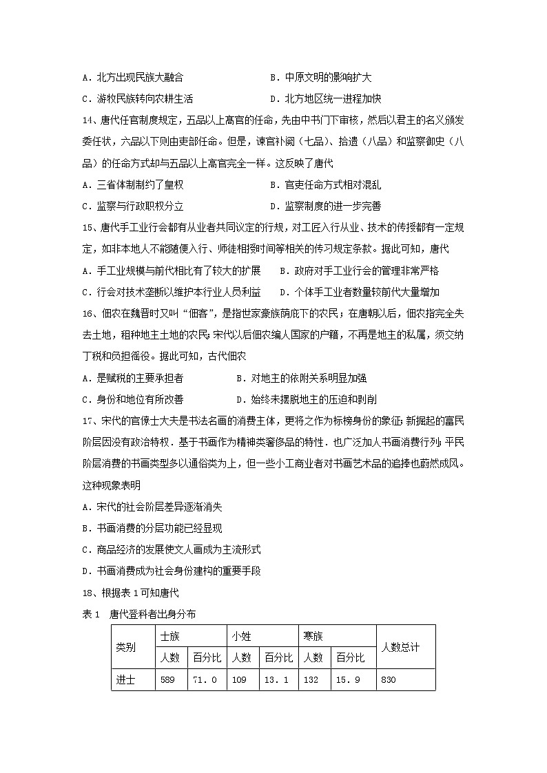 【历史】湖南省醴陵市第一中学2018-2019学年高二上学期期末考试(文)试题03