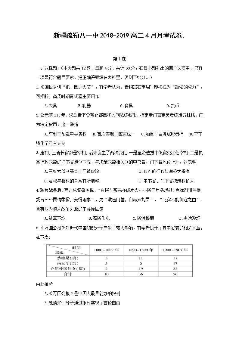 【历史】新疆疏勒八一中2018-2019高二4月月考试卷01
