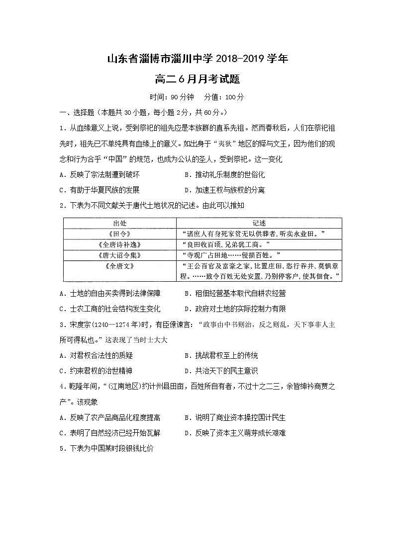 【歷史】山東省淄博市淄川中學2018-2019學年高二6月月考試題第1頁