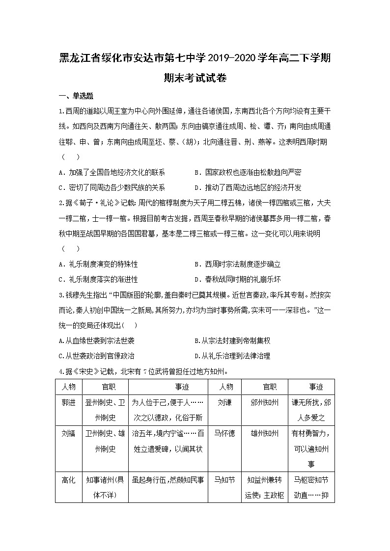 【历史】黑龙江省绥化市安达市第七中学2019-2020学年高二下学期期末考试试卷(解析版)01