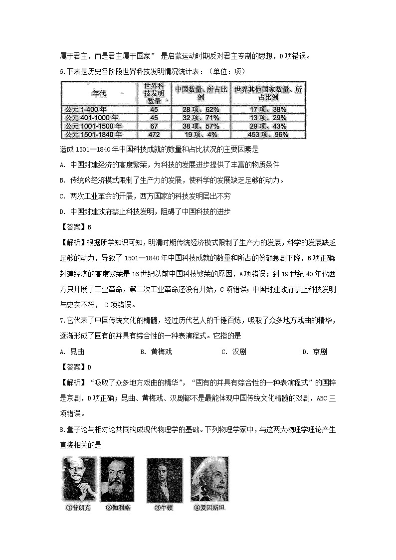 【历史】安徽省宿州市十三所省重点中学2019-2020学年高二上学期期末考试试题(文)(解析版)03