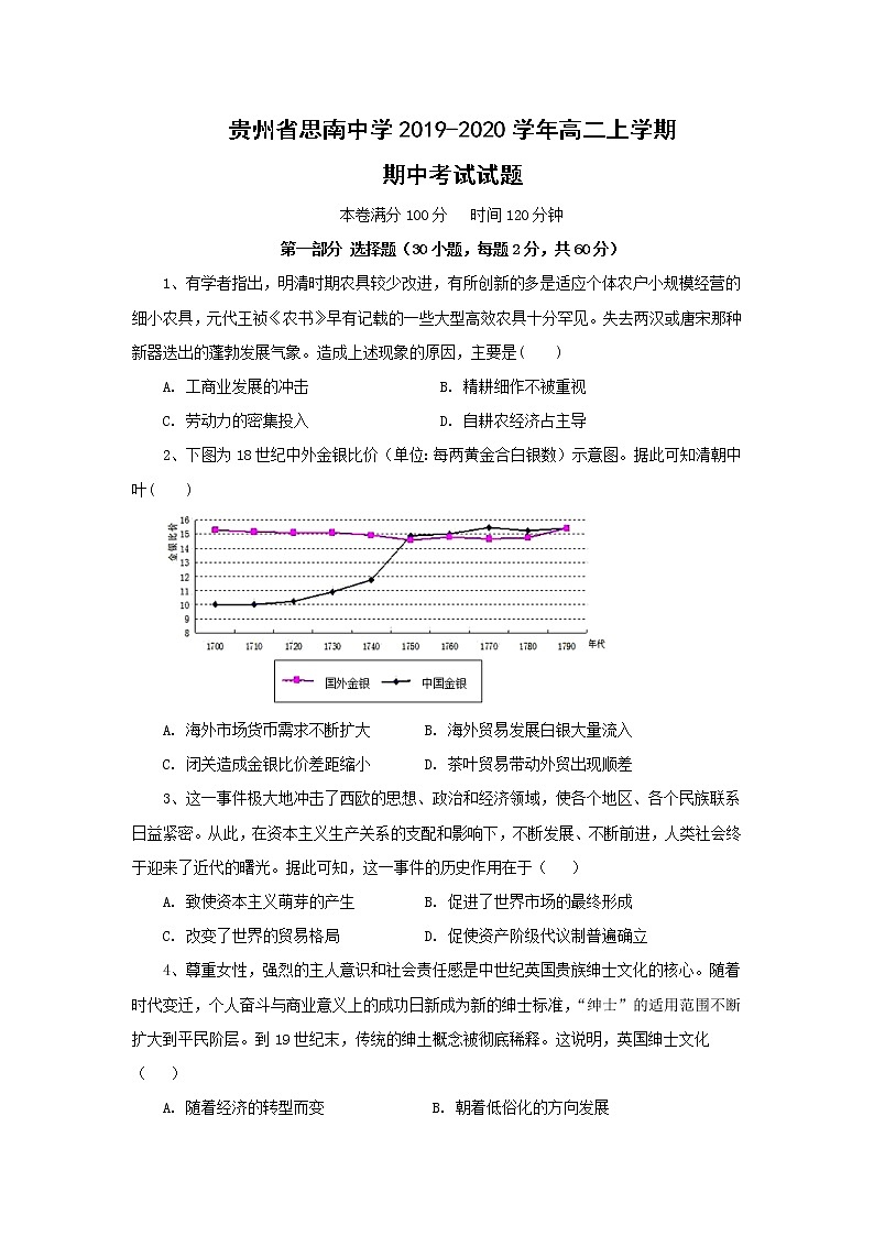 【历史】贵州省思南中学2019-2020学年高二上学期期中考试试题01