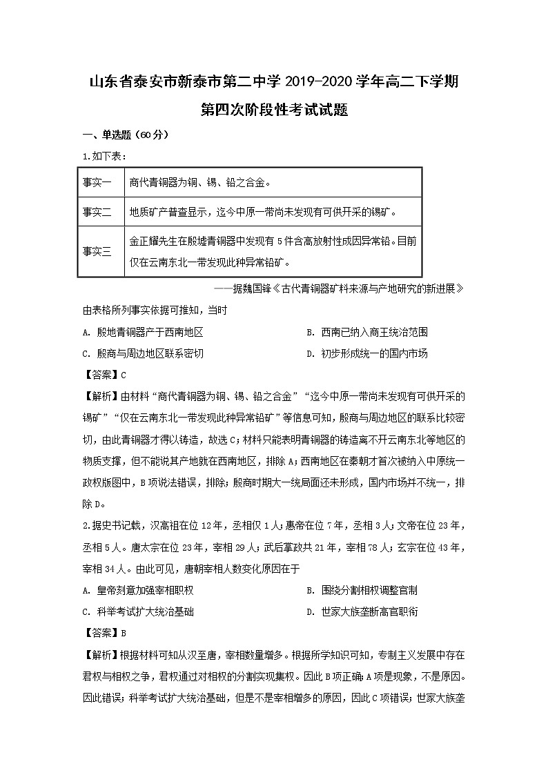 【历史】山东省泰安市新泰市第二中学2019-2020学年高二下学期第四次阶段性考试试题(解析版)01