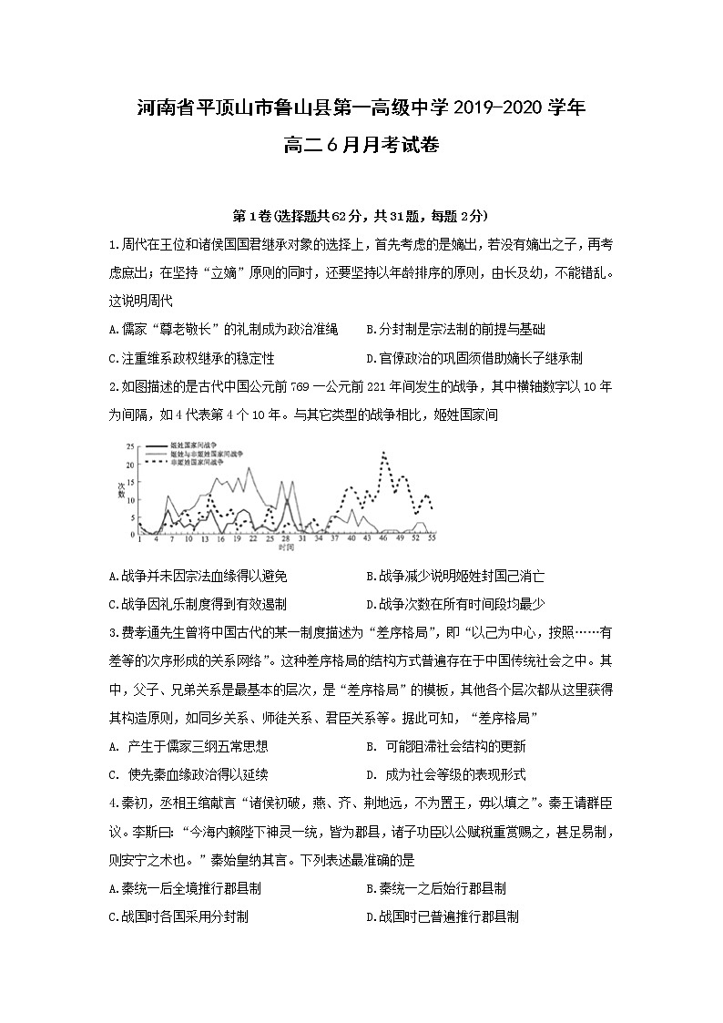 【历史】河南省平顶山市鲁山县第一高级中学2019-2020学年高二6月月考试卷01