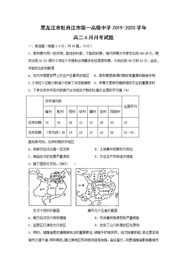 【历史】黑龙江省牡丹江市第一高级中学2019-2020学年高二6月月考试题01
