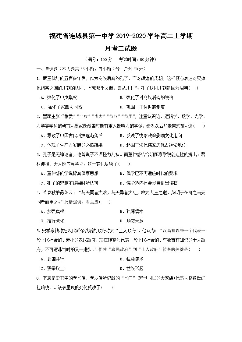 【历史】福建省连城县第一中学2019-2020学年高二上学期月考二试题01