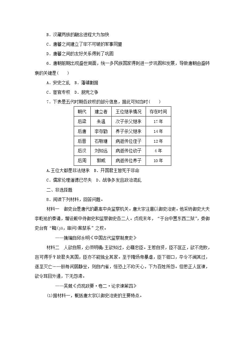 新教材高中历史第二单元三国两晋南北朝的民族交融与隋唐统一多民族封建国家的发展第6课从隋唐盛世到五代十国课时作业 人教版必修中外历史纲要上 5 练习02