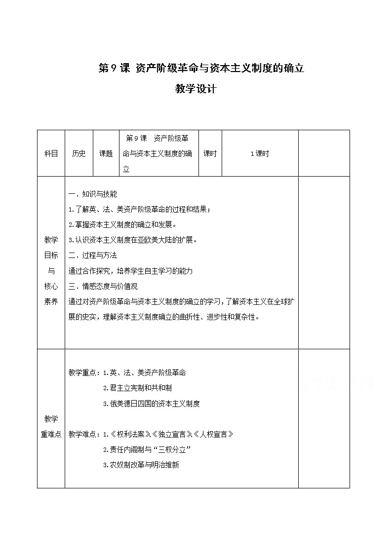 09资产阶级革命与资本主义制度的确立 教学设计(表格式)01
