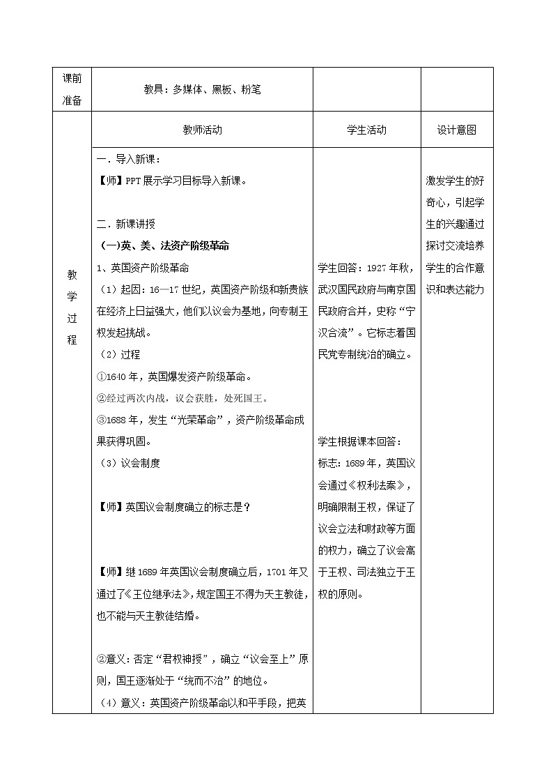09资产阶级革命与资本主义制度的确立 教学设计(表格式)02