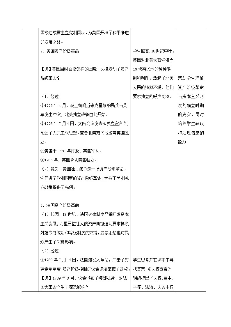 09资产阶级革命与资本主义制度的确立 教学设计(表格式)03