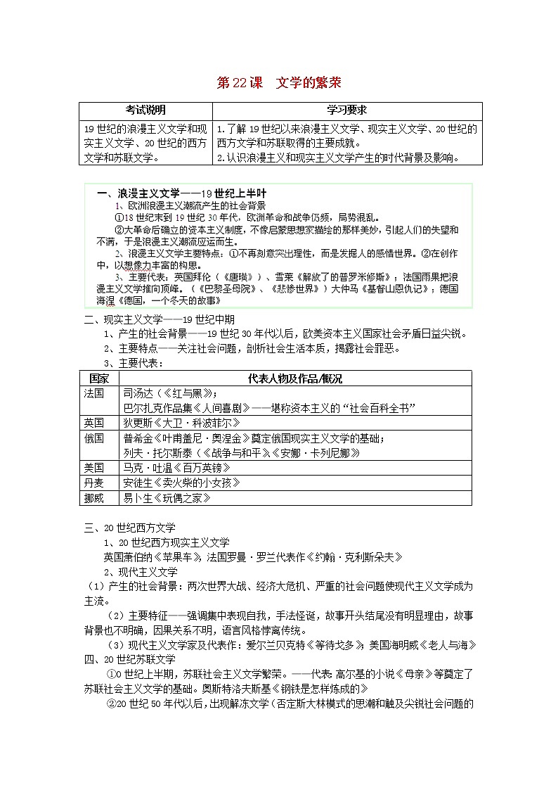 人教版必修三历史:第22课《文学的繁荣》 教案01