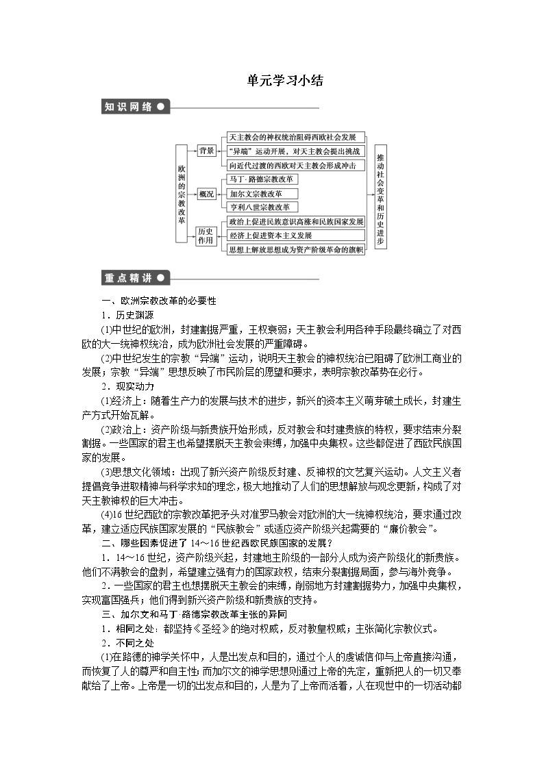 高中历史（人教版选修一）练习：第5单元　欧洲的宗教改革  单元学习小结01