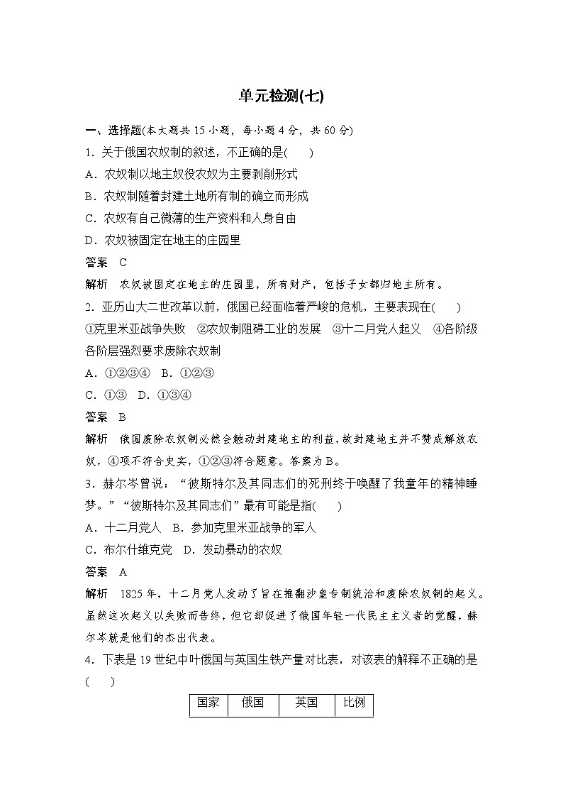 高中历史(人教版选修一)单元检测(七)01