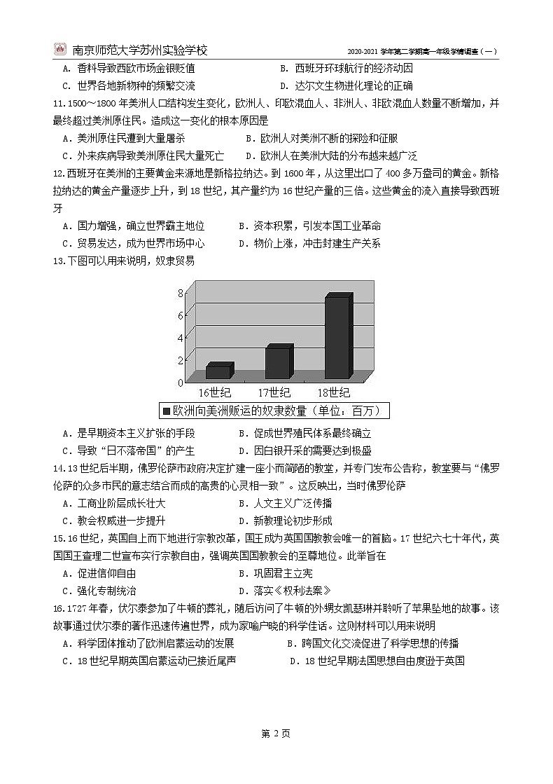 江苏南京师范大学苏州实验学校2020-2021学年高一3月月考历史试卷(Word版)第2页