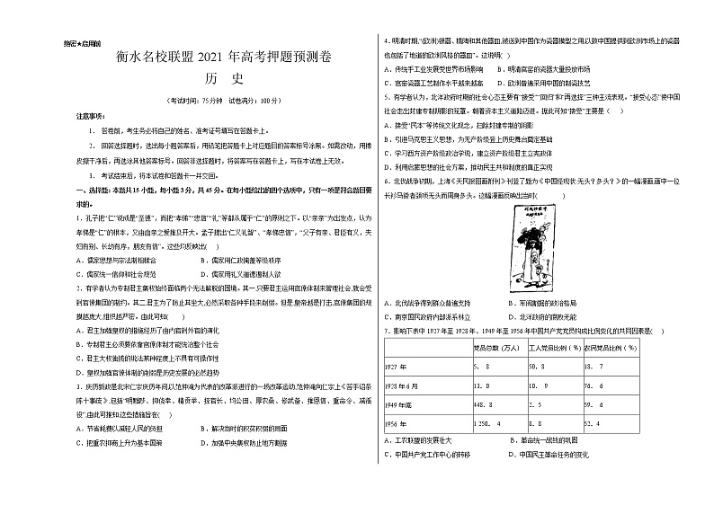 衡水名校联盟2021年高考押题预测卷-历史01